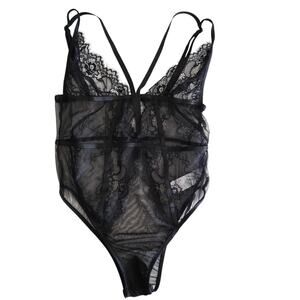 PrettyLittleThing Womens Lace Mesh Bodysuit Size Medium Black Lingerie Sexy Date